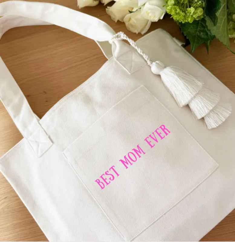 BEST MOM EVER - Midi Everything Bag Natural and Pink NEW! sold by Quilted Koala