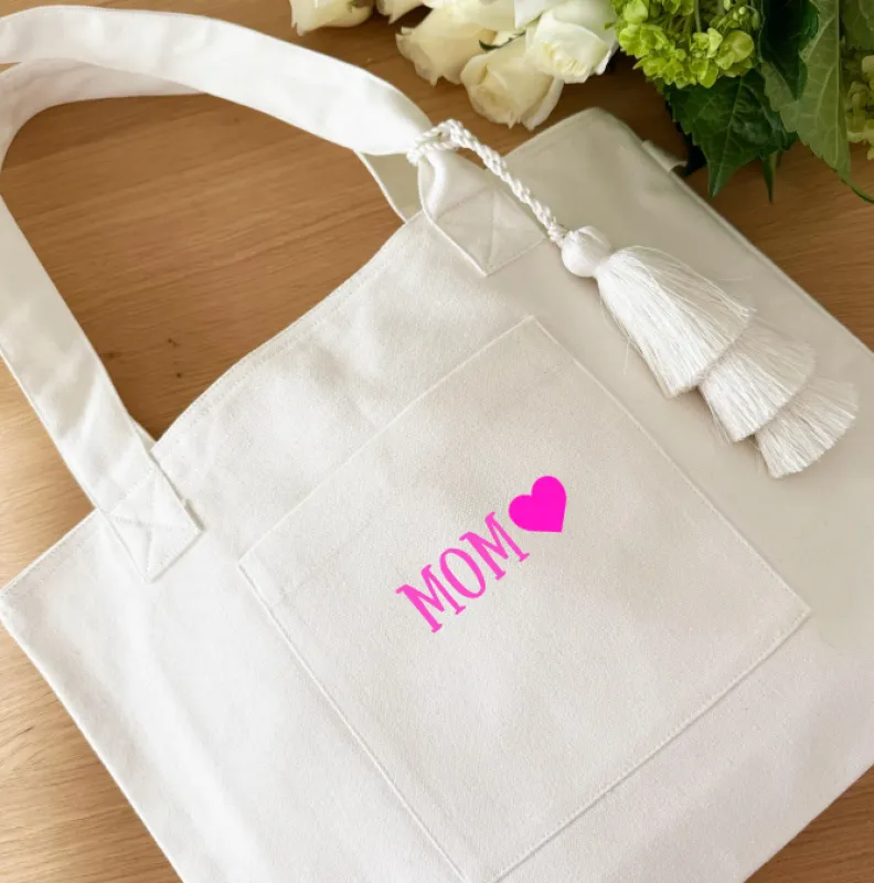 MOM (Heart) - Midi Everything Bag Natural and Pink NEW! sold by Quilted Koala