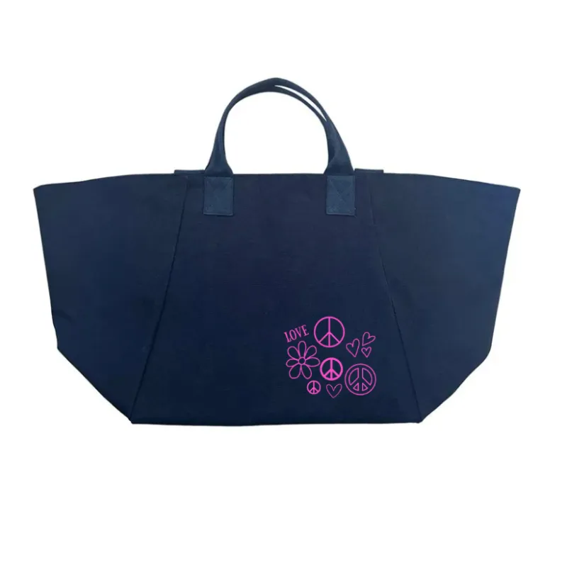 Navy Chelsea Bag with LOVE, HEARTS + PEACE (Pink)   NEW! sold by Quilted Koala