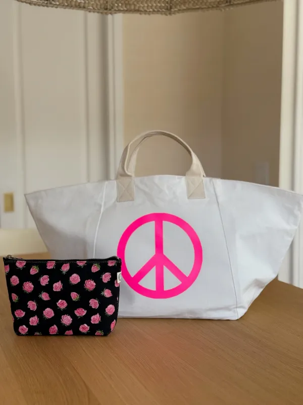 Stephanie's Spring Bundle: Natural Chelsea Bag with Neon Pink Big Peace & Black Floral Makeup Bag sold by Quilted Koala