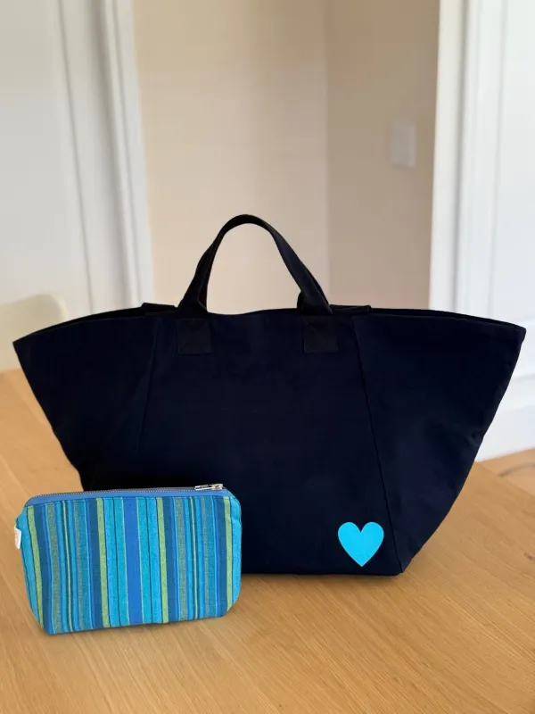 Stephanie's Spring Bundle: Navy Chelsea Bag with Capri Blue Petite Heart & Blue Happy Stripe Makeup Bag sold by Quilted Koala
