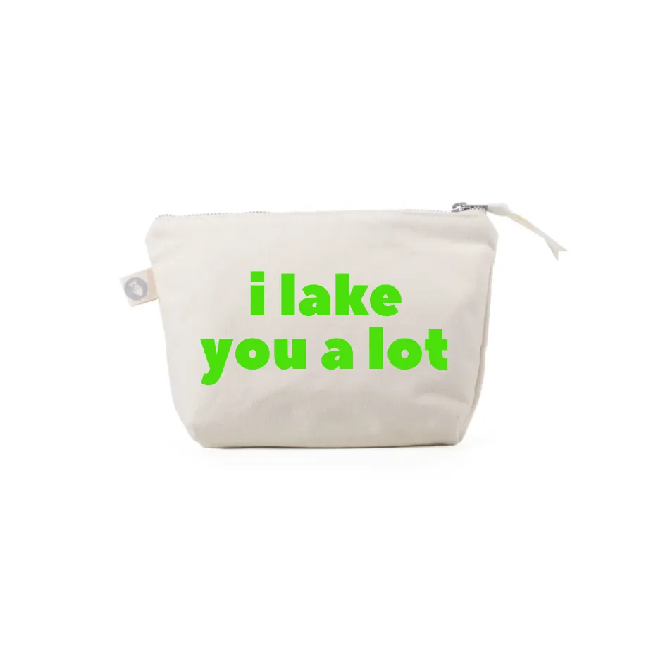 Natural Makeup Bag with Neon Green I LAKE YOU A LOT sold by Quilted Koala
