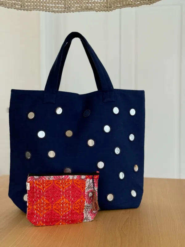 Boho Bundle: Navy Mirror Tote + FREE Makeup Bag sold by Quilted Koala