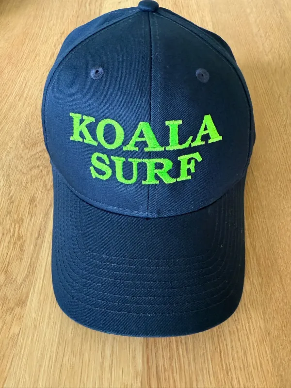 SPECIAL PREORDER! Koala Baseball Caps - "KOALA SURF" in Navy & Neon Green sold by Quilted Koala