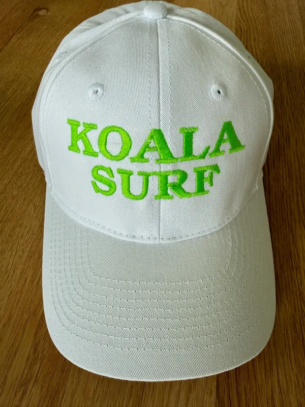 SPECIAL PREORDER! Koala Baseball Caps - "KOALA SURF" in White & Neon Green sold by Quilted Koala