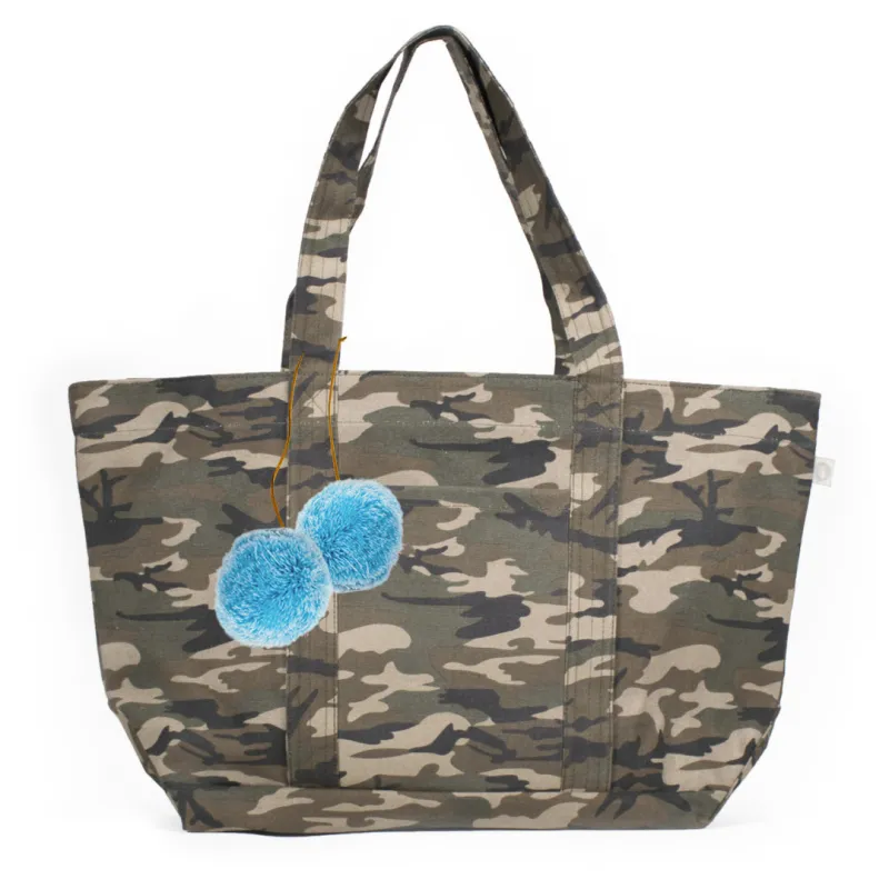 Large Zipper Tote Green Camo with Light Blue Pom Poms sold by Quilted Koala