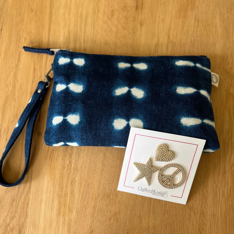 Mini Luxe Clutch Bundle: Blue Shibori with FREE Gold Koala Jewelry sold by Quilted Koala
