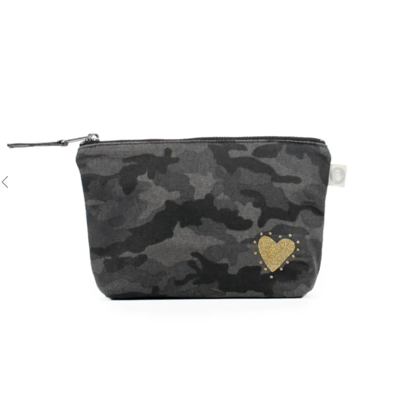 Black Camo Makeup Bag with Gold Glow Heart - NEW! sold by Quilted Koala