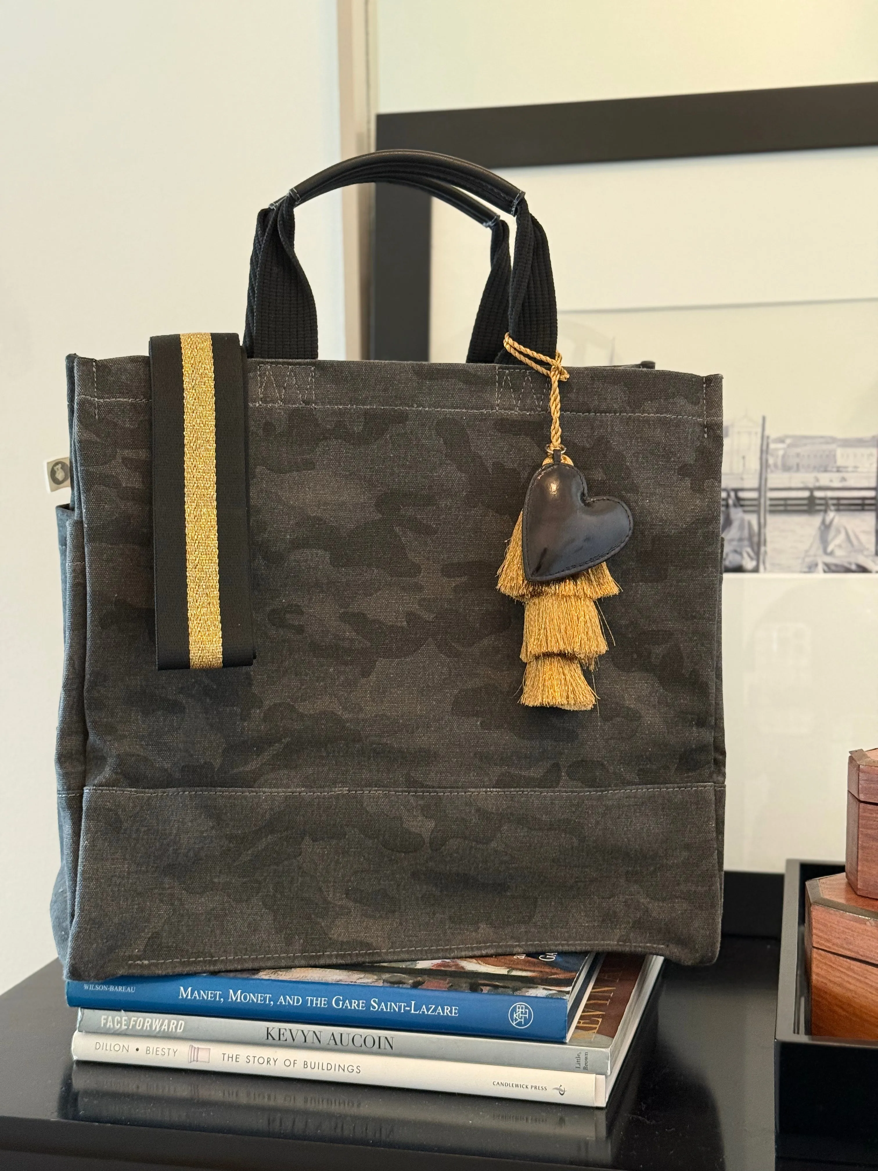 Black Camo Luxe North South Bag + FREE Gold Tassel + FREE Black Heart Charm + FREE Black/Gold Stripe Strap sold by Quilted Koala