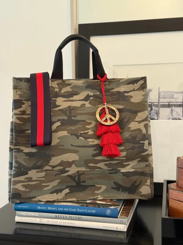 Green Camo Luxe North South Bag + FREE Red Tassel + FREE Gold Peace Charm + FREE Navy/Red Stripe Strap sold by Quilted Koala