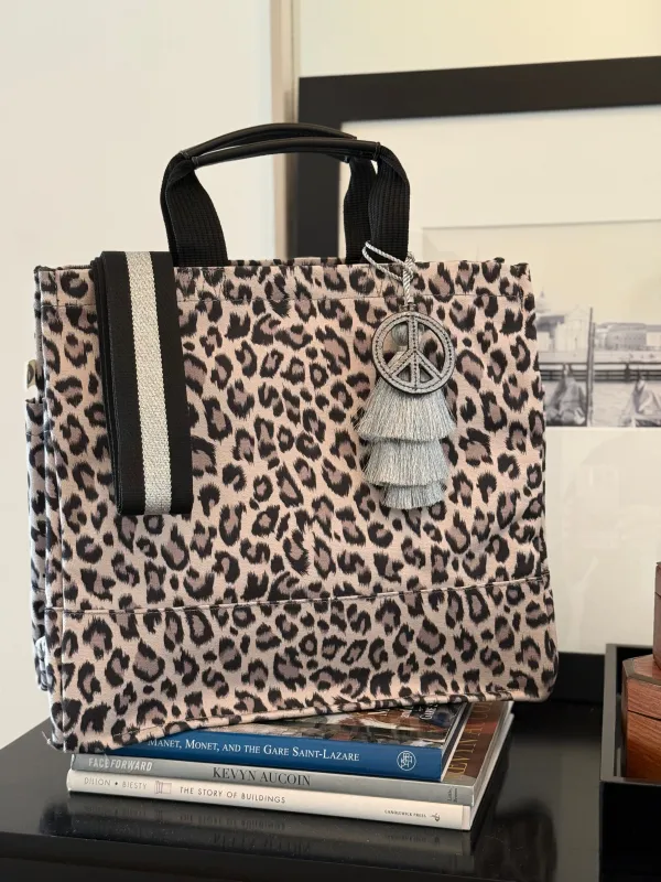 Leopard Luxe North South Bag + FREE Silver Tassel + FREE Black Peace Charm + FREE Black/Pink Stripe Strap sold by Quilted Koala