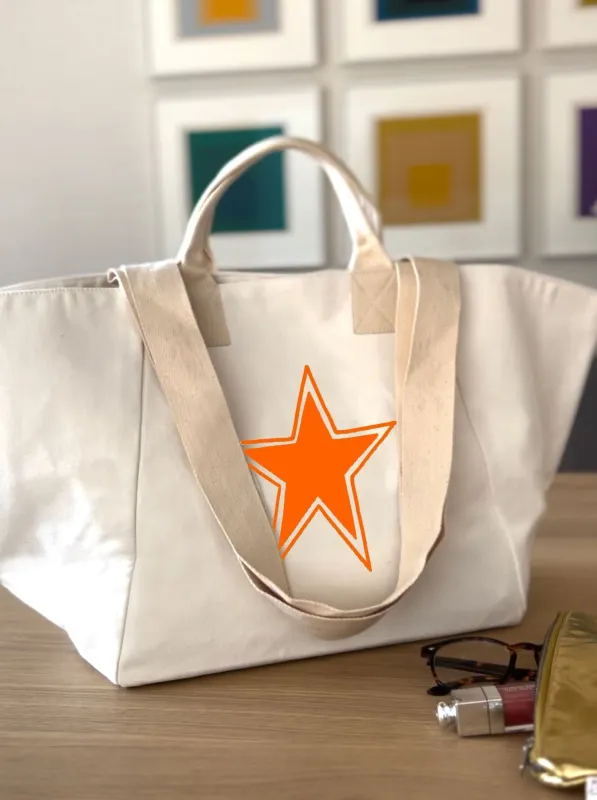 Natural Chelsea Bag with Neon Orange Star sold by Quilted Koala
