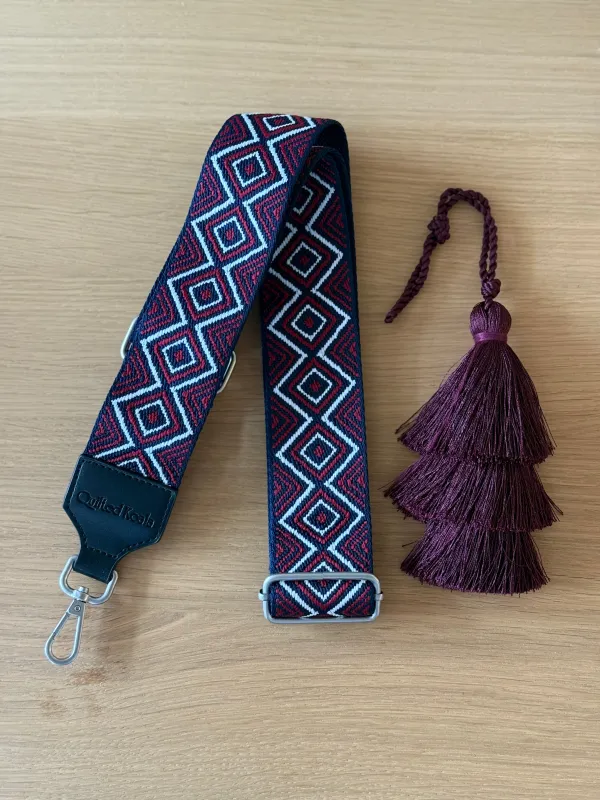 Accessory Bundle: Bordeaux Tassel +  Navy/Wine Geometric Luxe Crossbody Strap sold by Quilted Koala