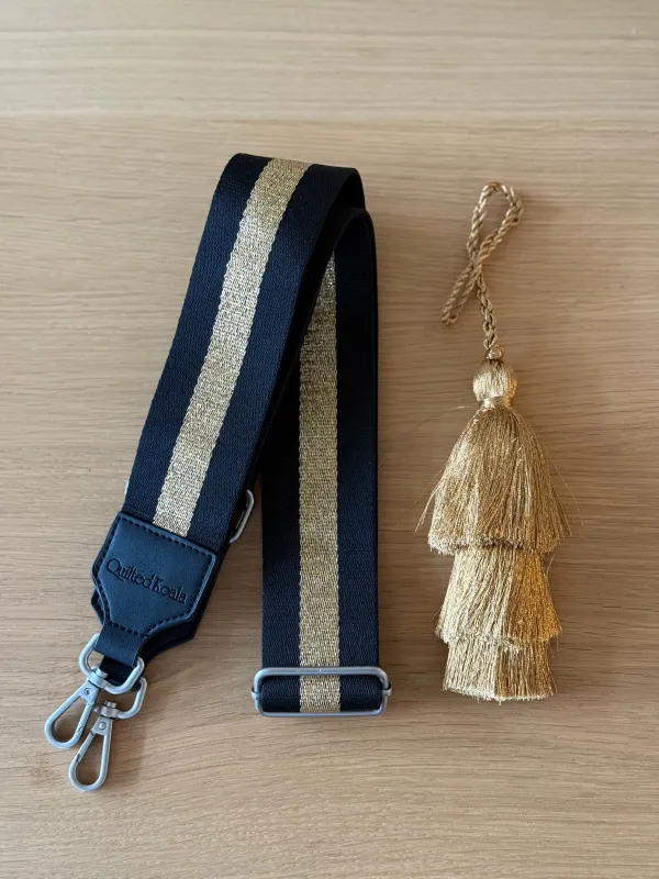 Accessory Bundle: Gold Tassel +  Black/Gold Stripe Luxe Crossbody Strap sold by Quilted Koala
