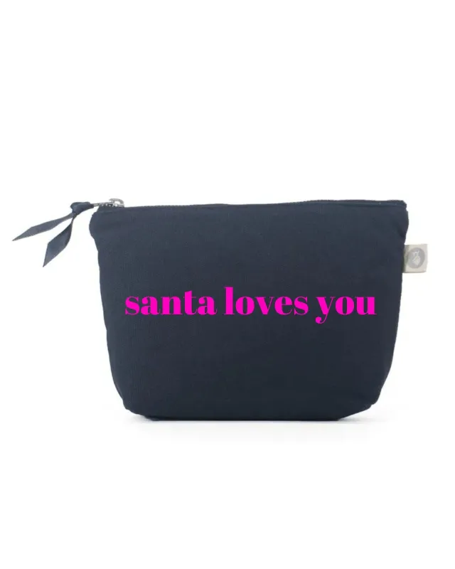 SANTA LOVES YOU Makeup Bag- Navy with Neon Pink sold by Quilted Koala