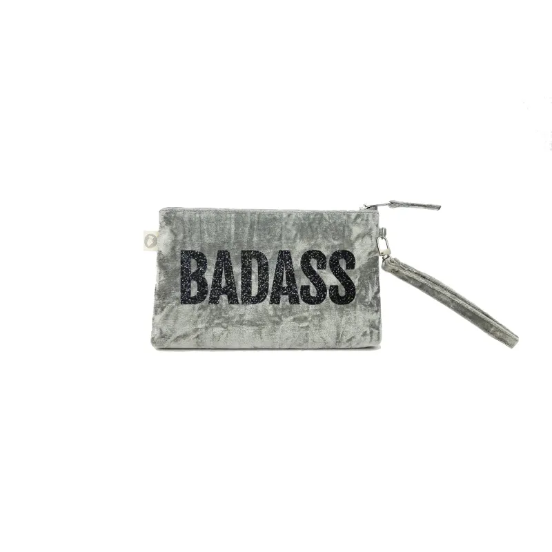 Mini Luxe Clutch with Wristlet: Grey Crushed Velvet with Black Glitter BADASS sold by Quilted Koala