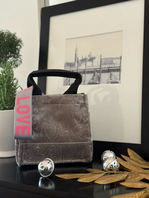 Grey Velvet Mini Luxe North South + FREE Pink/Grey PEACE LOVE Strap sold by Quilted Koala