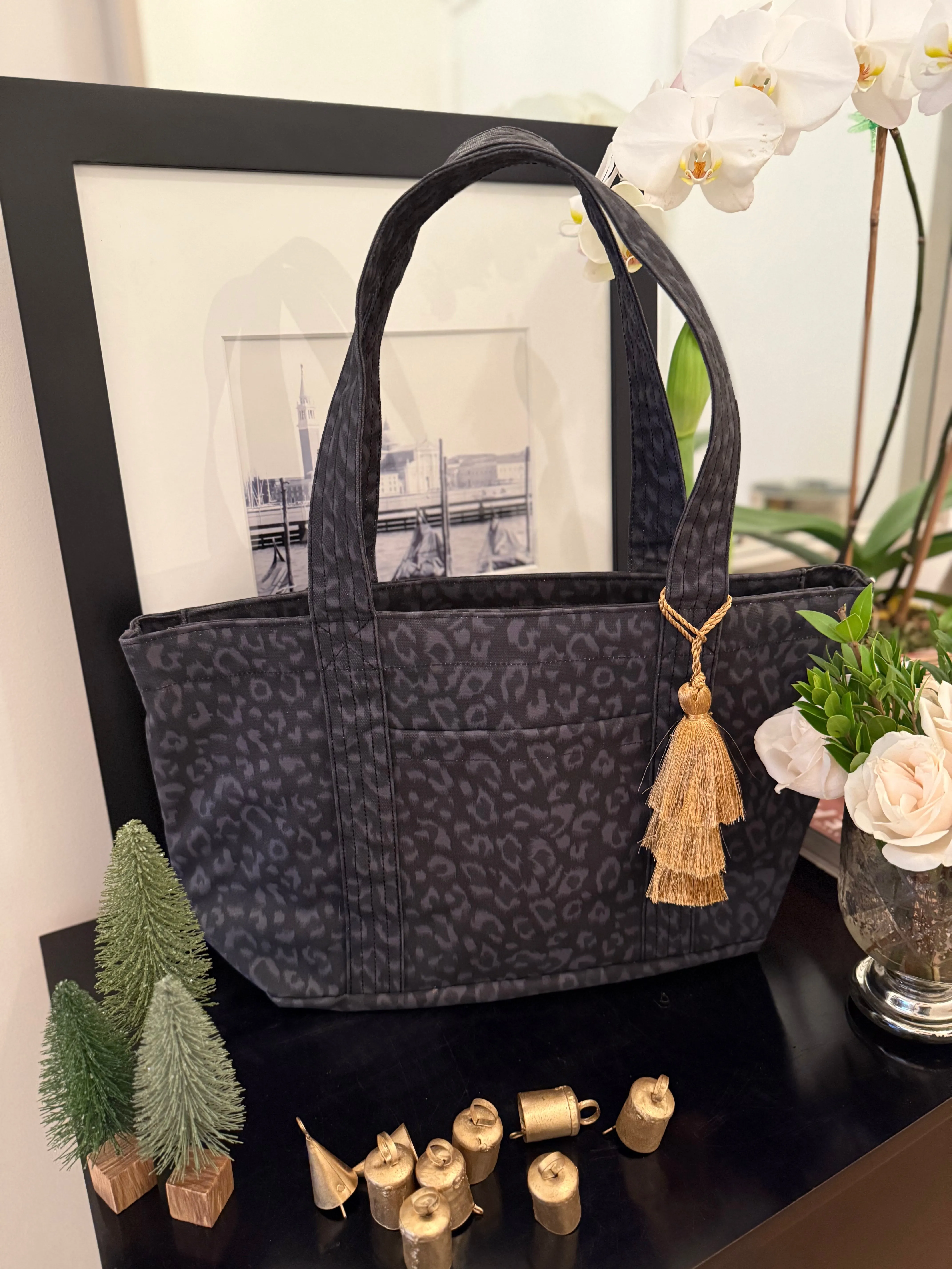 Black Leopard Midi Zipper Tote + FREE Gold Tassel sold by Quilted Koala