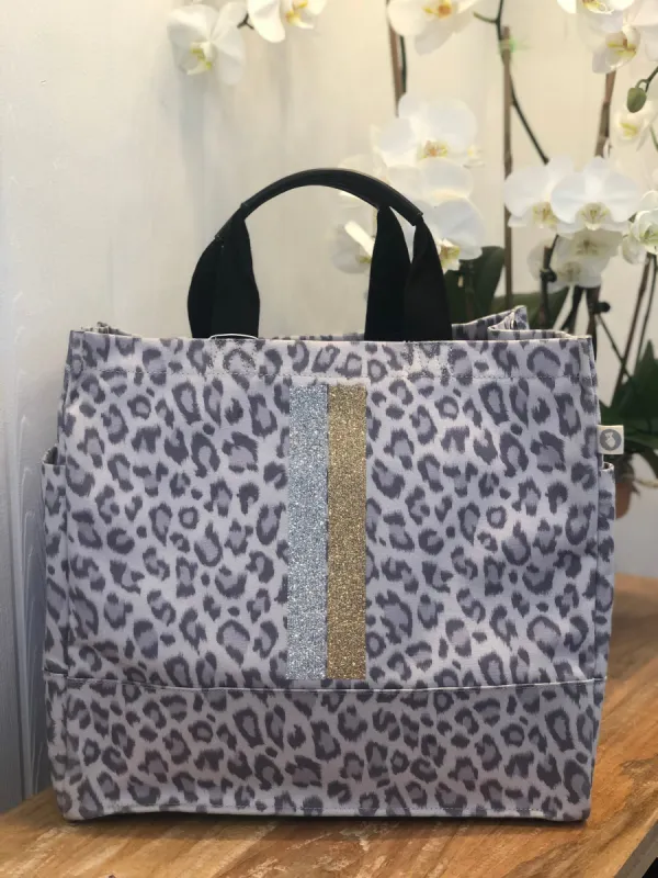 Luxe North South Bag: Grey Leopard with Silver and Gold Stripes sold by Quilted Koala