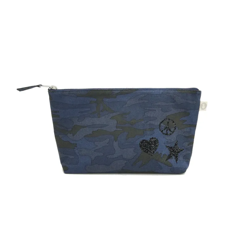 Clutch Bag: Dark Blue Camo with Black Glitter Scattered Peace/Star/Heart sold by Quilted Koala