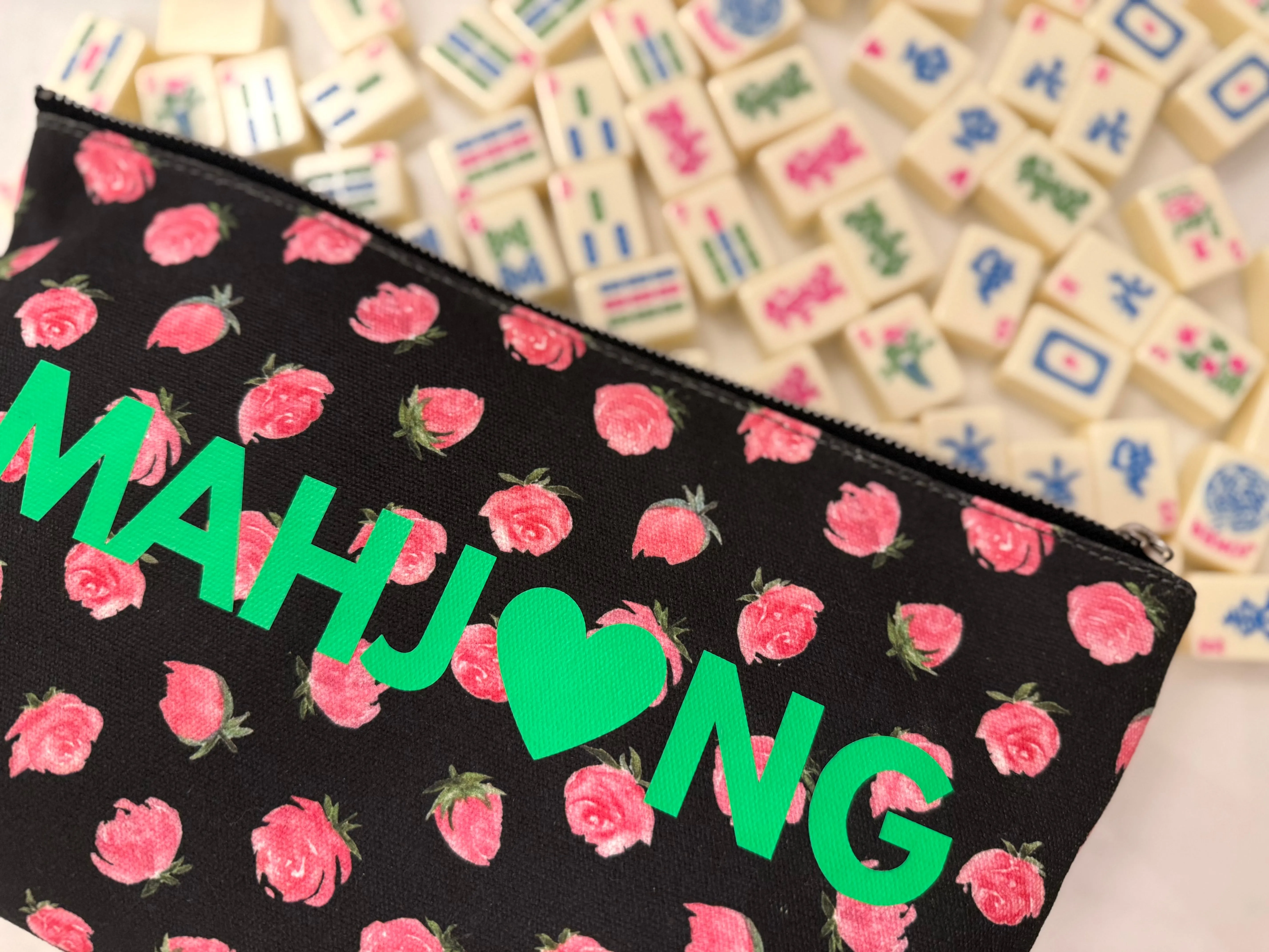 Mahjong Heart Pouch Clutch - Black Floral sold by Quilted Koala
