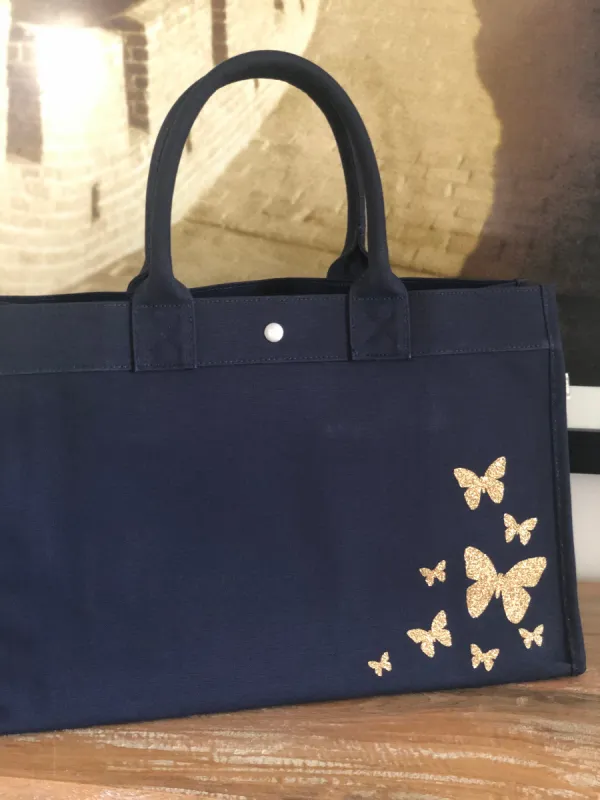 East West Bag: Navy with Gold Glitter Scatter Butterflies sold by Quilted Koala