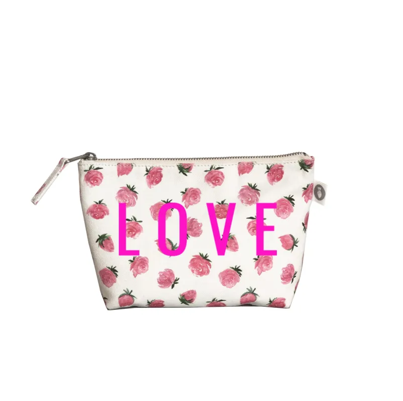 Makeup Bag: White Floral with Neon Pink LOVE sold by Quilted Koala