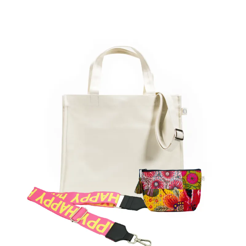 Natural Magazine Bag with HAPPY Strap & Boho Makeup Bag Just $60 with code AUGUST sold by Quilted Koala