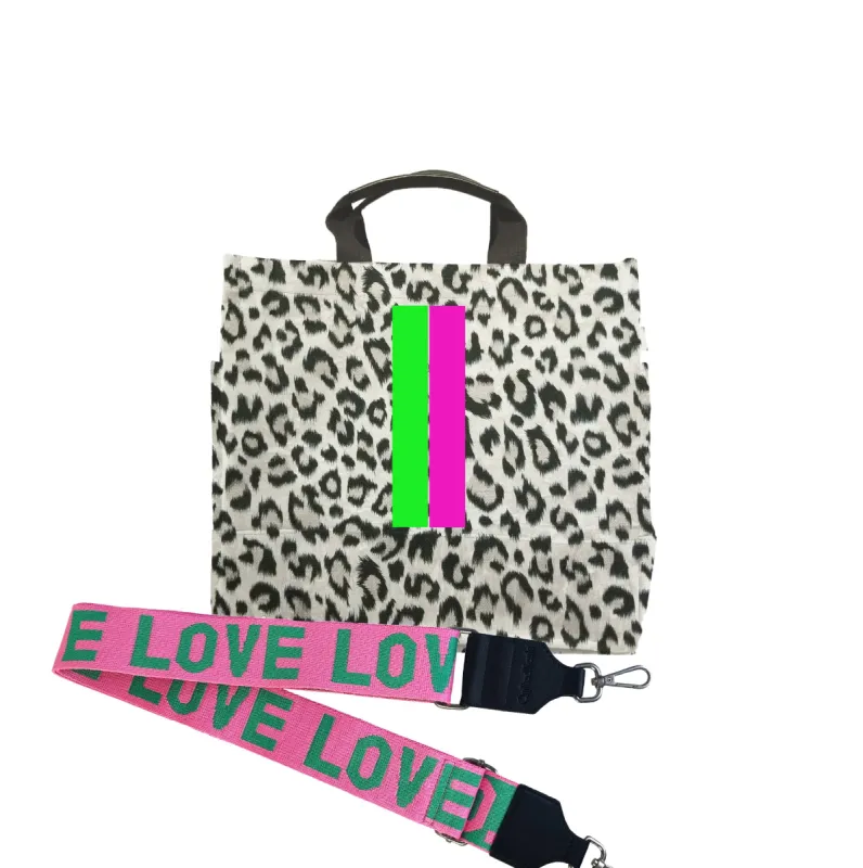 Leopard Luxe North South Bag with Pink/Green Stripe + Pink/Green LOVE Strap sold by Quilted Koala