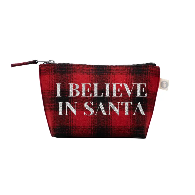 I BELIEVE IN SANTA Red Flannel & Silver Glitter Makeup Bag sold by Quilted Koala