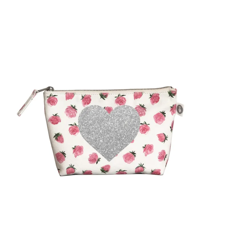 Makeup Bag: White Floral with Silver Glitter Heart sold by Quilted Koala