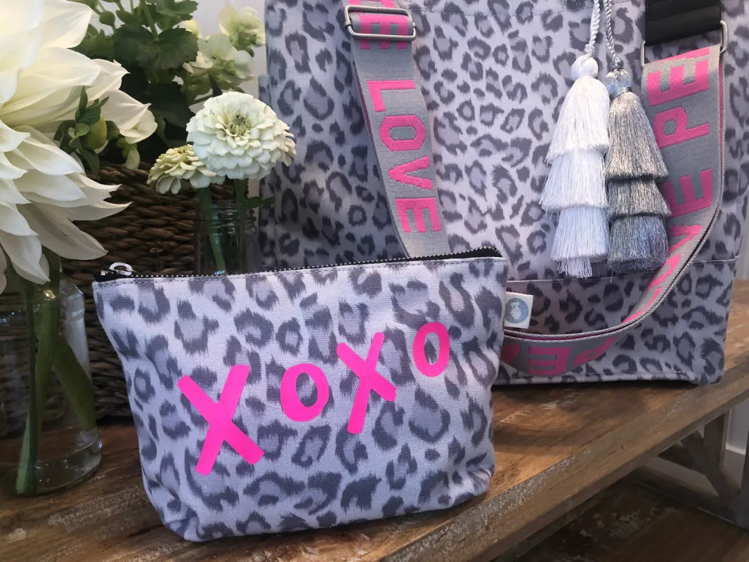 Makeup Bag: Grey Leopard with Hot Pink XOXO sold by Quilted Koala