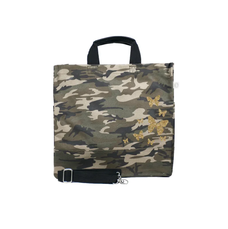 Green Camo Luxe North South Bag with Gold Glitter Scatter Butterflies sold by Quilted Koala
