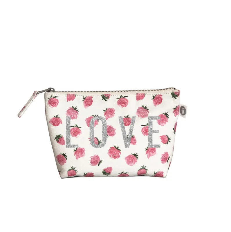 Makeup Bag: White Floral with Silver Glitter LOVE sold by Quilted Koala