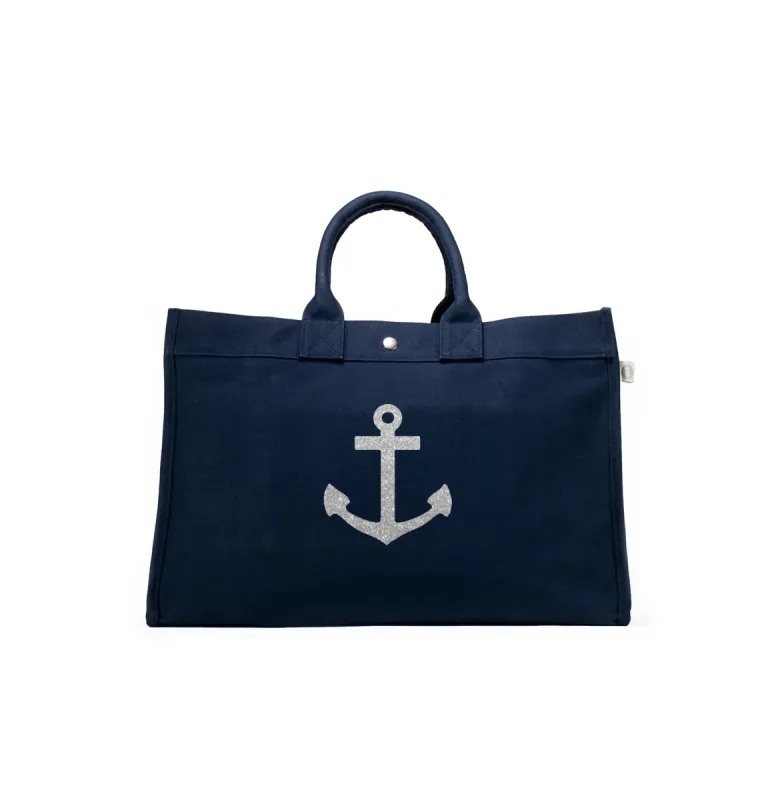 East West Bag: Navy with Silver Anchor sold by Quilted Koala