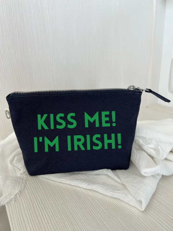 Makeup Bag Navy with Kelly Green Matte Kiss me! I'm Irish! sold by Quilted Koala