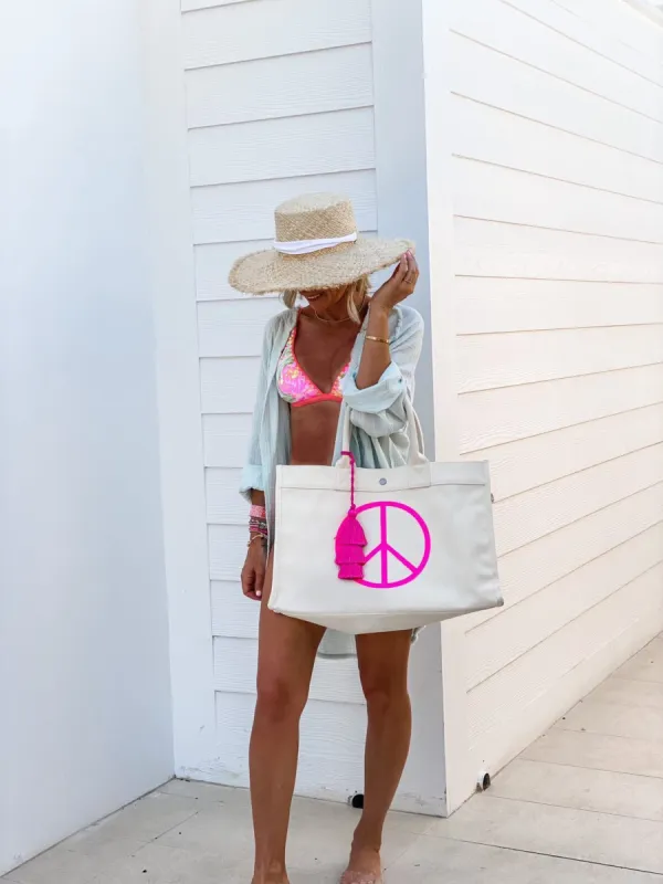 East West Bag: Natural with JUMBO NEON PINK PEACE SIGN sold by Quilted Koala