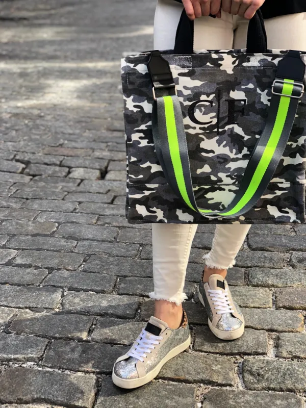 Split Letter Monogram Grey Camo North South Bag with Stripe Strap sold by Quilted Koala