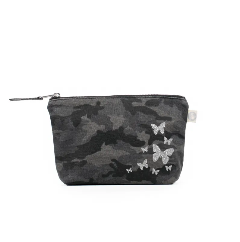 Makeup Bag Black Camo with Silver Glitter Scatter Butterflies sold by Quilted Koala