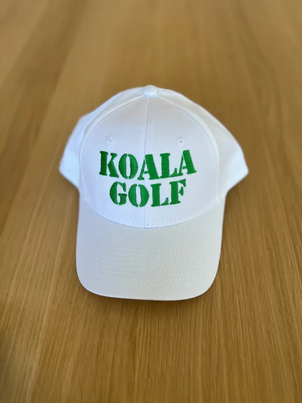 SPECIAL PREORDER! Koala Baseball Caps - "KOALA GOLF" in White & Kelly Green sold by Quilted Koala