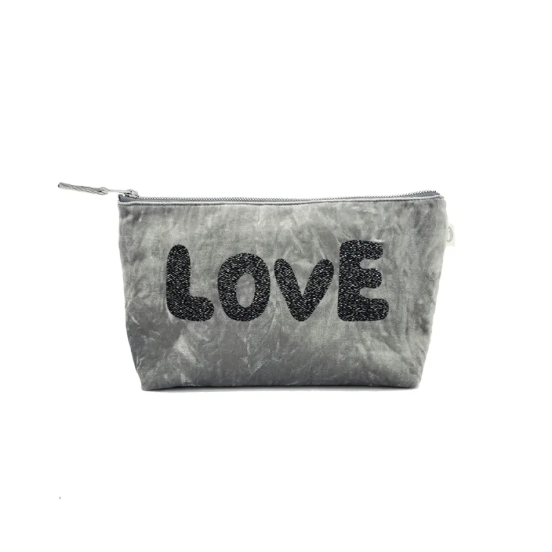 Makeup Bag in Grey Crushed Velvet with LOVE sold by Quilted Koala