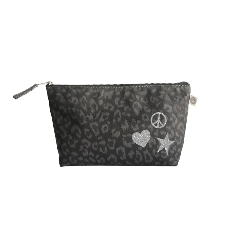 Clutch Bag: Black Leopard with Silver Glitter Scattered Peace/Star/Heart sold by Quilted Koala
