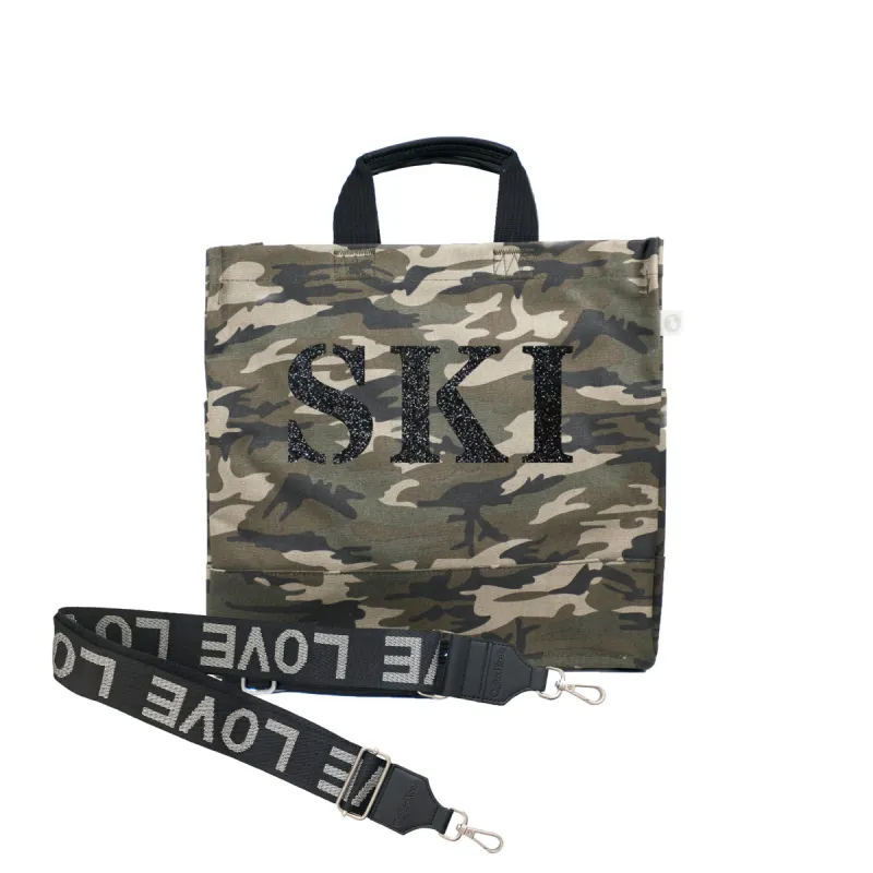 SKI Collection: Green Camo Luxe North South Bag with Black Glitter SKI + Silver/Black LOVE Strap sold by Quilted Koala