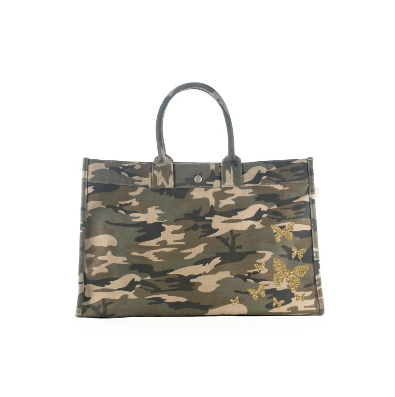 East West Bag: Green Camo with Gold Glitter Scatter Butterflies sold by Quilted Koala