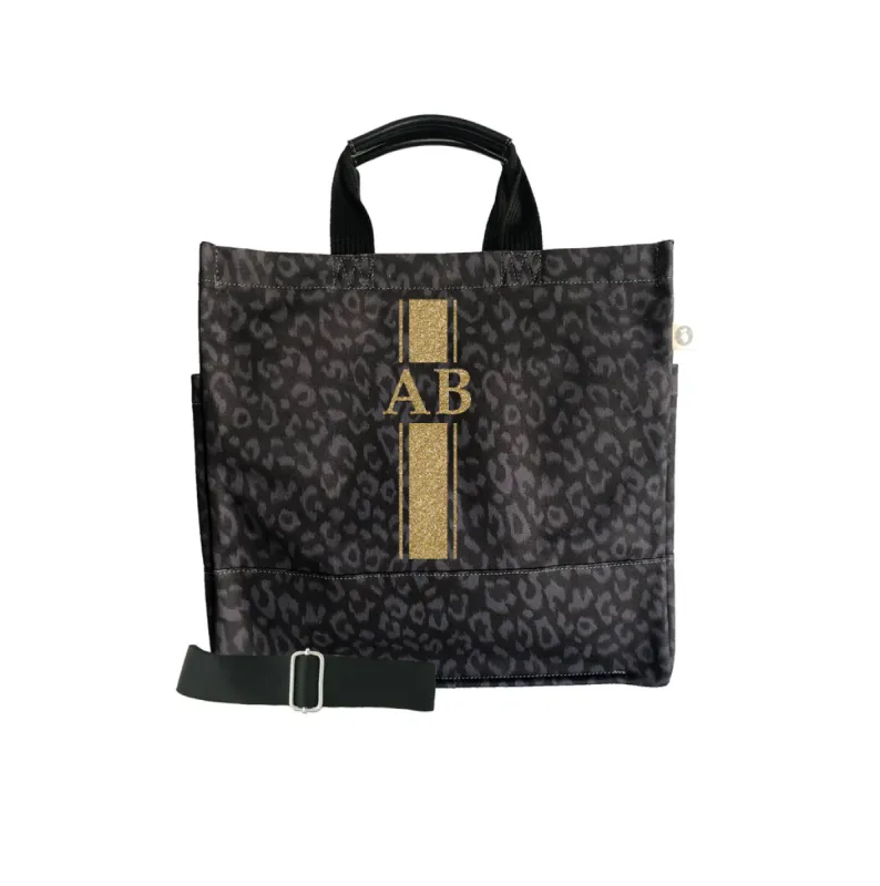 Monogram Stripe: Luxe North South Bag- Black Leopard sold by Quilted Koala