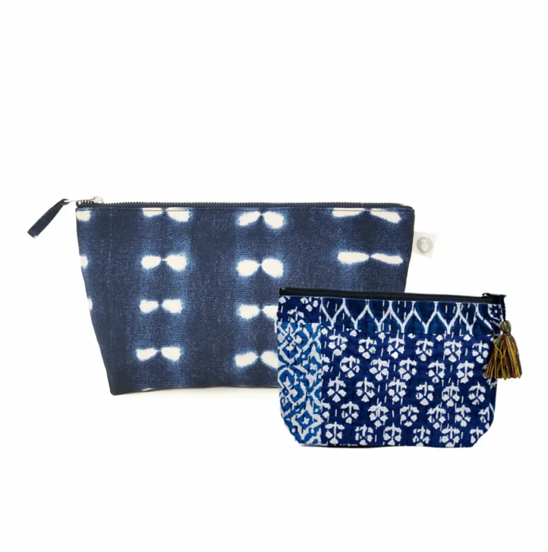 Clutch Bag Blue Shibori with Blue Boho Makeup Bag sold by Quilted Koala