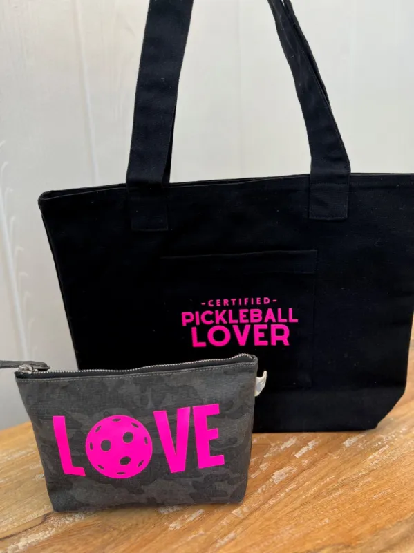 Midi Everything Bag - Black with Neon Pink Certified Pickleball Lover sold by Quilted Koala
