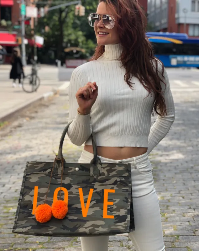 East-West Bag - Green Camo with Neon Orange LOVE + free Orange Pom poms sold by Quilted Koala