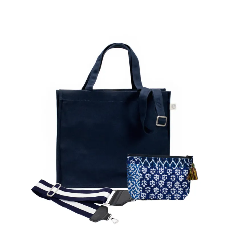 Navy Magazine Bag with Navy/White Strap & Blue Boho Makeup Bag (Only $64, plus a FREE Strap + Makeup Bag with code:FALL64) sold by Quilted Koala