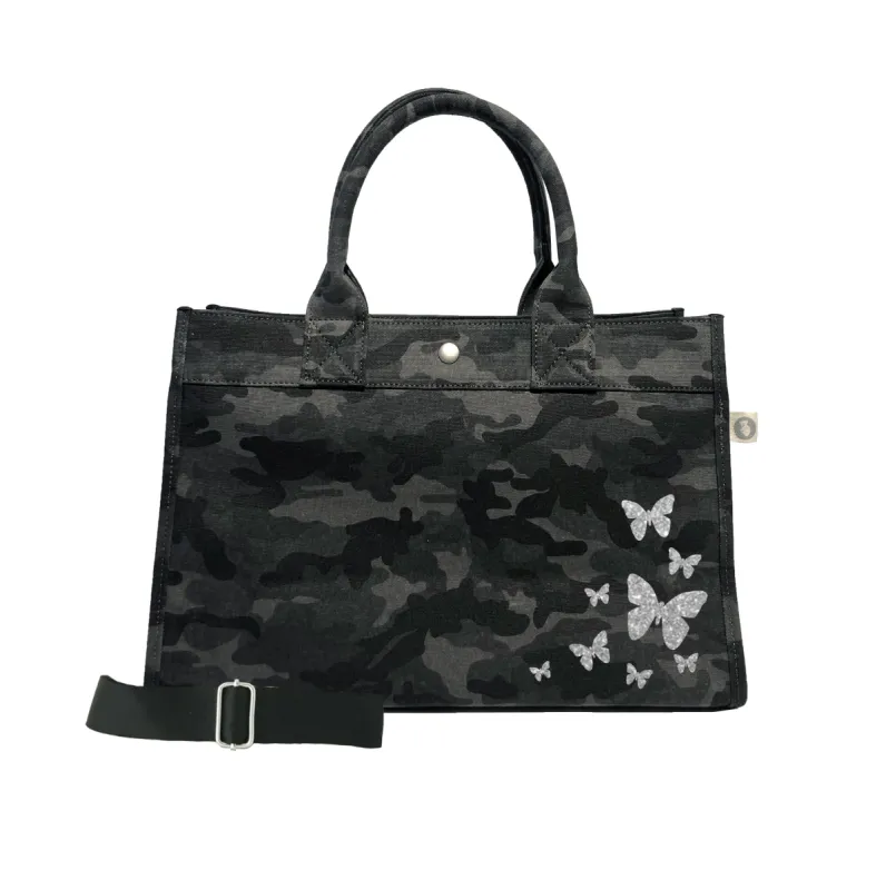 Midi East West Bag: Black Camo with Silver Glitter Scatter Butterflies sold by Quilted Koala